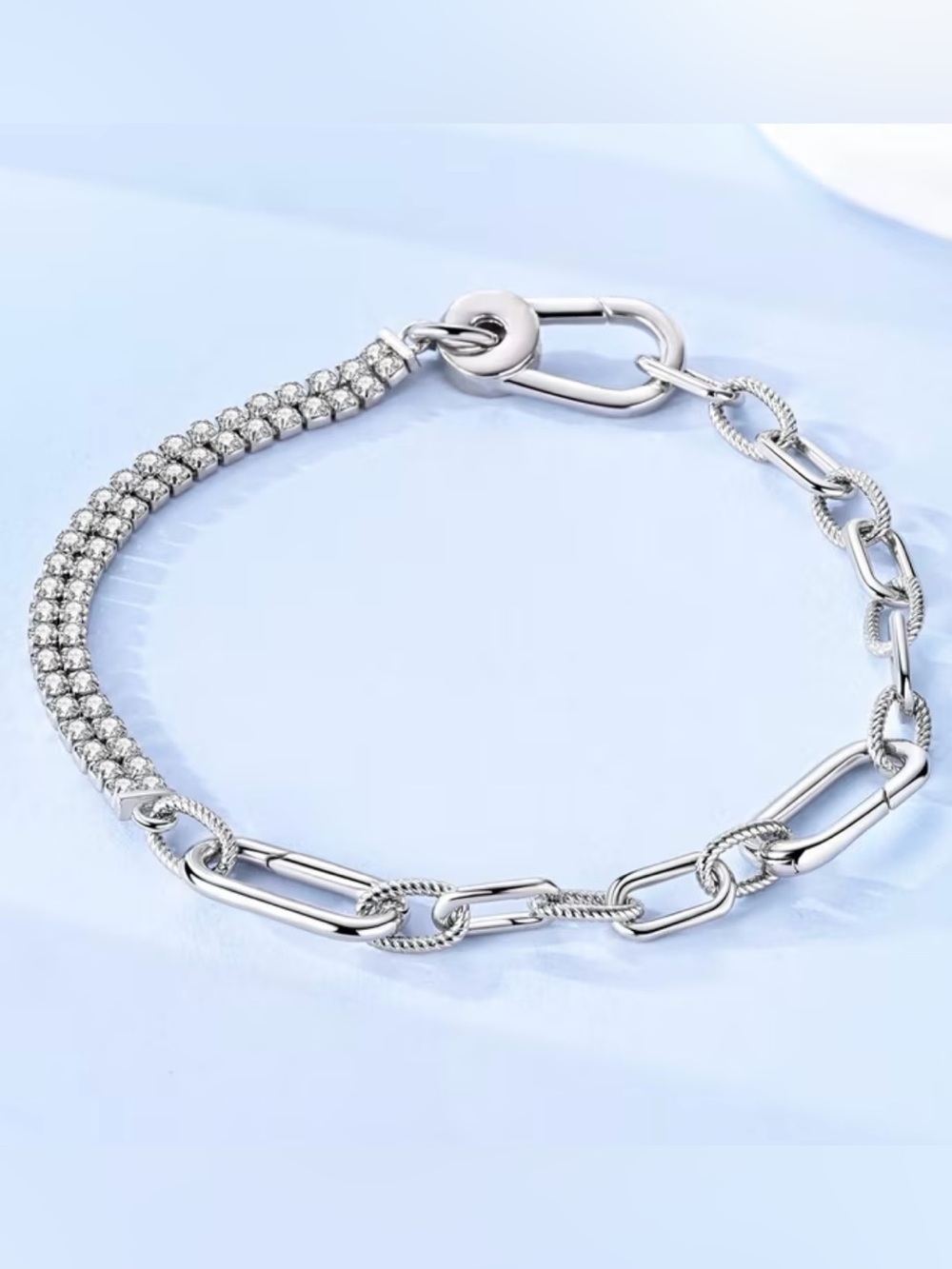 Silver Mixed-Link Bracelet with Rhinestone Accent